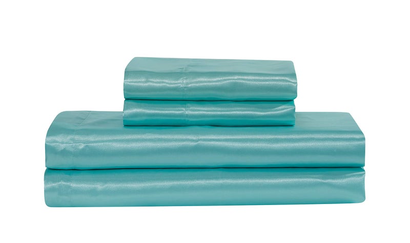 MK Home Mk Collection 4pc Soft Silky Satin Solid Color Deep Pocket Sheet Set (Aqua Blue, Queen) - Image 2